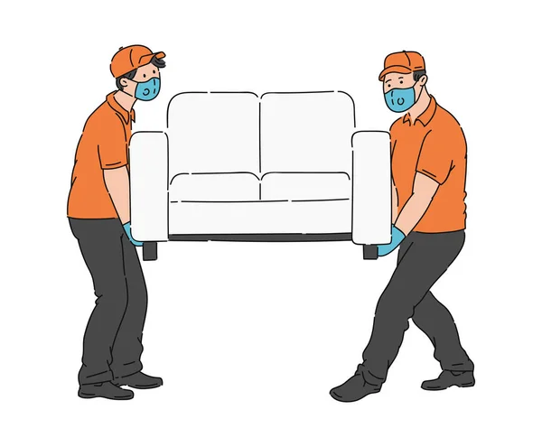 Two furniture movers moving a sofa in medical masks and gloves from COVID-19 — Stock Vector