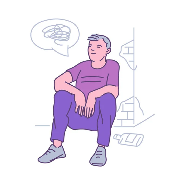 Depressiver einsamer Mann mit Sitzproblemen, Skizzenvektorillustration isoliert. — Stockvektor