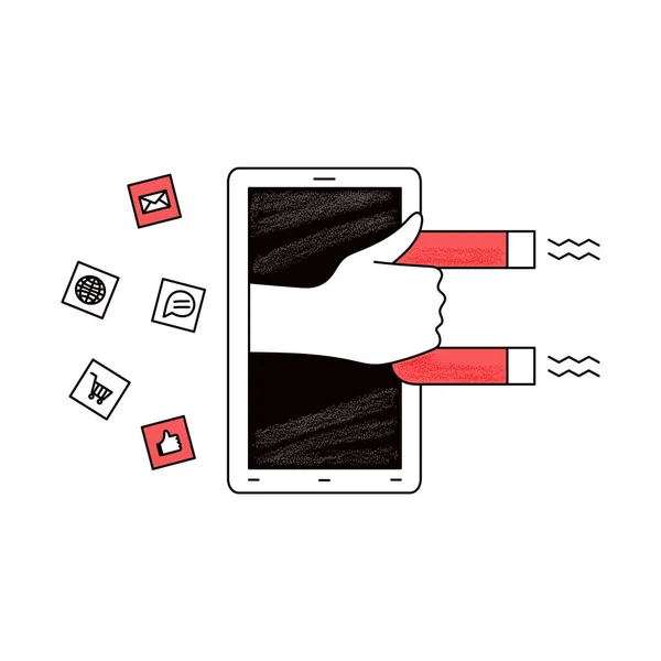 Ekran smartfona z ręką wychodzącą i trzymającą magnes — Wektor stockowy