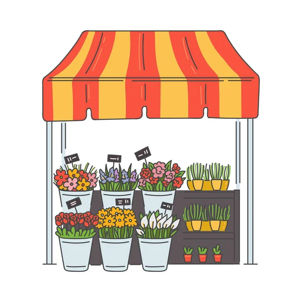 Straatmarkt kiosk of staan met bloemen, schets vector illustratie geïsoleerd. — Stockvector