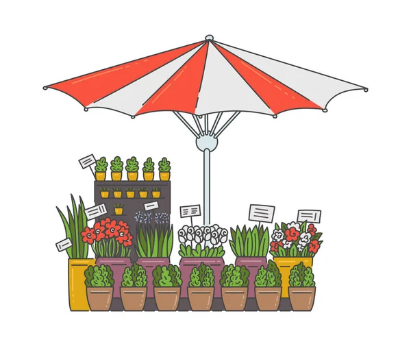 Outdoor bloem verkopen kiosk onder gestreepte paraplu - bloemenmarkt kraam — Stockvector