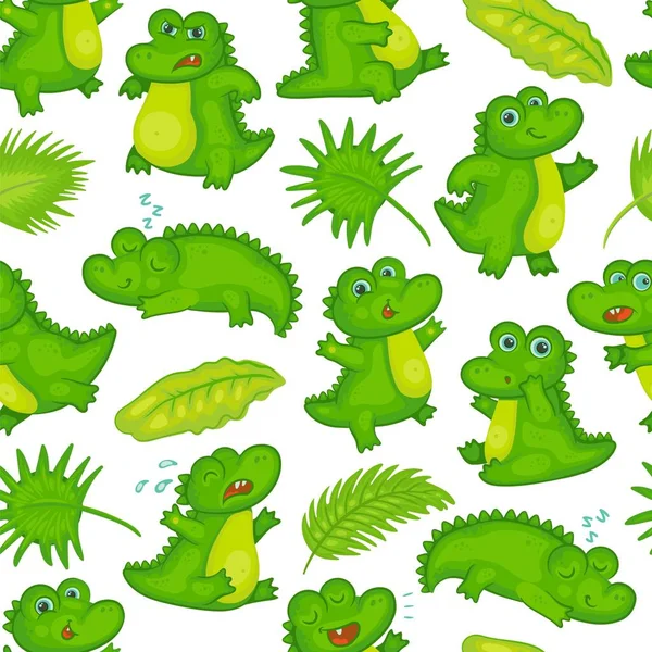 Caricature crocodile bébé et feuilles tropicales motif sans couture . — Image vectorielle