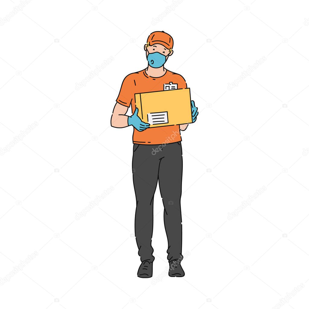 Delivery man in medical mask and gloves - coronavirus protection kit.