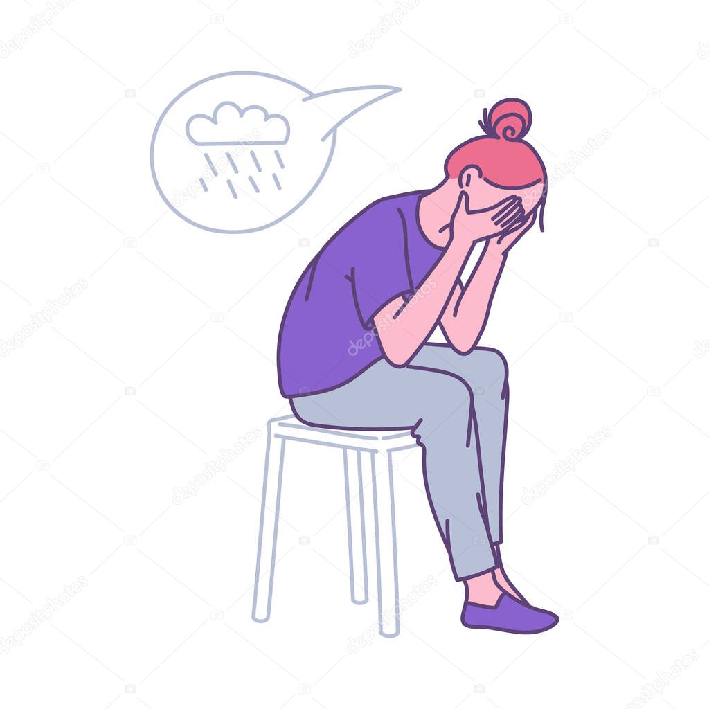 Depressed lonely woman clasping her head, cartoon vector illustration isolated.