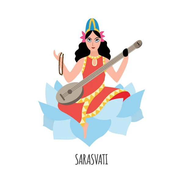 Diosa india del carácter Sabiduría Saraswati, ilustración vectorial aislada . — Vector de stock