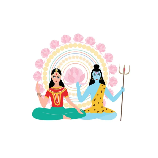 Parvati y Shiva - Dioses indios de la religión hinduista sentados en la pose de loto — Vector de stock