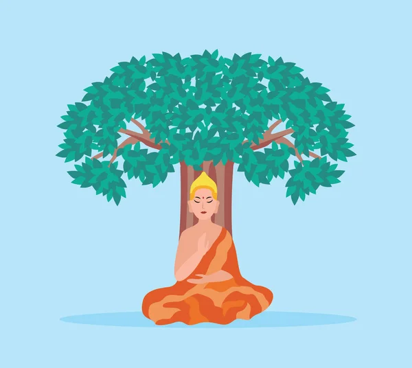 Карикатурный Будда, сидящий под деревом - индуистский бог религии в позе лотоса — стоковый вектор