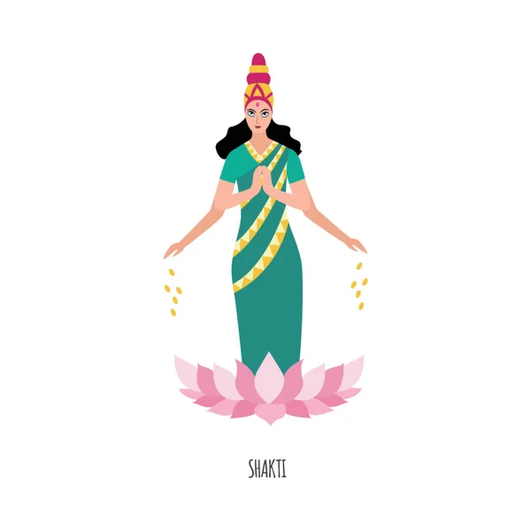 Diosa india o deidad Shakti en flor de loto vector plano ilustración aislada . — Vector de stock