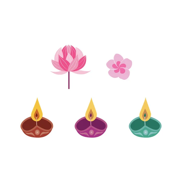 Set di candele e fiori in Diwali - simboli tradizionali della festa indiana — Vettoriale Stock