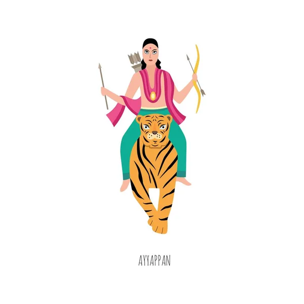 Lord Ayyappan hindu istenség vallási hagyomány kép, lapos vektor illusztráció elszigetelt fehér háttérrel. Indiai isten férfi karakter lovaglás tigris. — Stock Vector