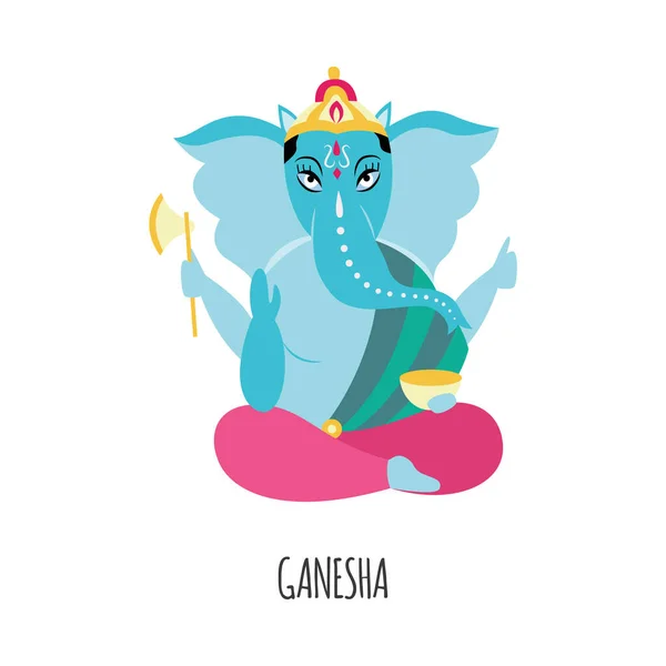 Dibujos animados Ganesha con cabeza de elefante azul Figura de religión hinduista con cuatro brazos sentados en pose de loto sosteniendo hacha y tazón. Ilustración vectorial plana aislada del señor hindú o dios . — Archivo Imágenes Vectoriales