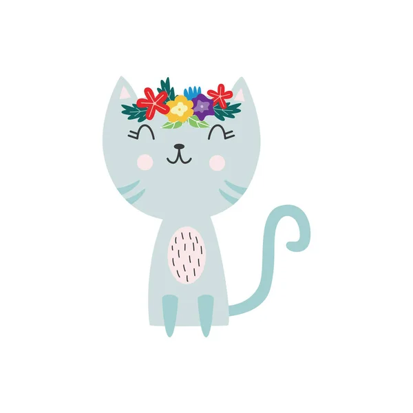 Katzen- oder Kätzchenfigur mit Blumenkranz, flache Vektorabbildung isoliert. — Stockvektor