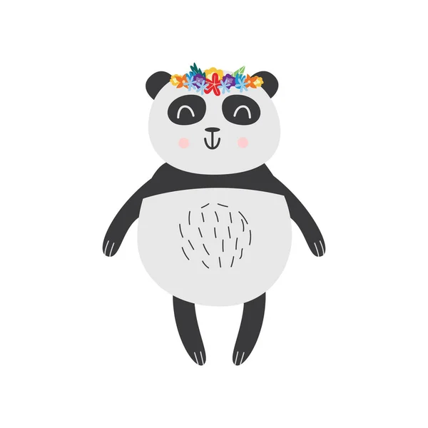 Lindo panda con una corona de flores y sonriendo con los ojos cerrados — Vector de stock