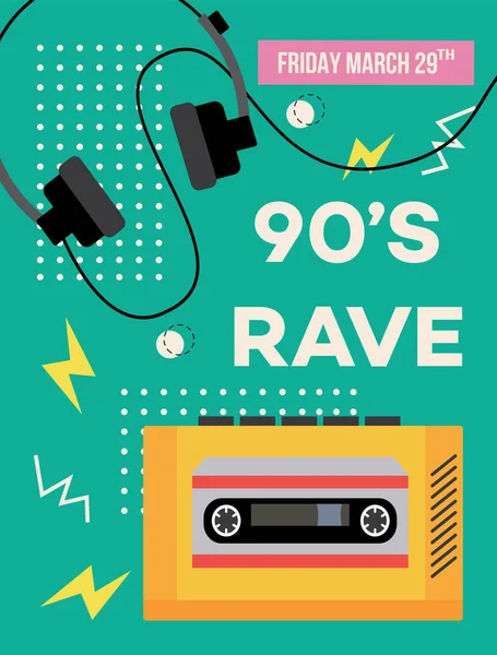 90s rave plakát s kazetou přehrávač hudby a audio sluchátka — Stockový vektor