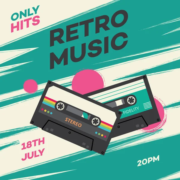 Bannière de fête musicale rétro avec cassette dans les années 80 Illustration vectorielle de style 90 . — Image vectorielle