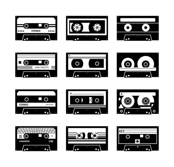 Zestaw kaset muzycznych monochromatyczne czarne ikony zestaw, wektor ilustracji izolowane. — Wektor stockowy