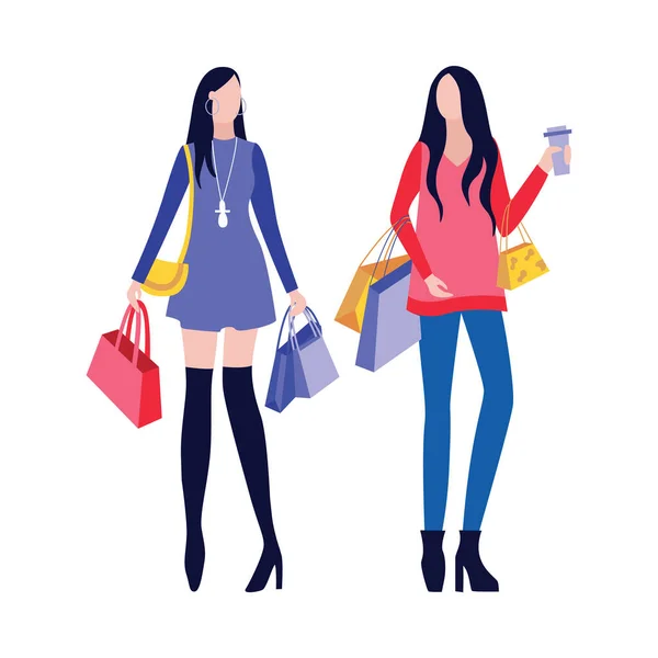Girlfriends cartoon characters go shopping flat vector illustration isolated. — Stock Vector