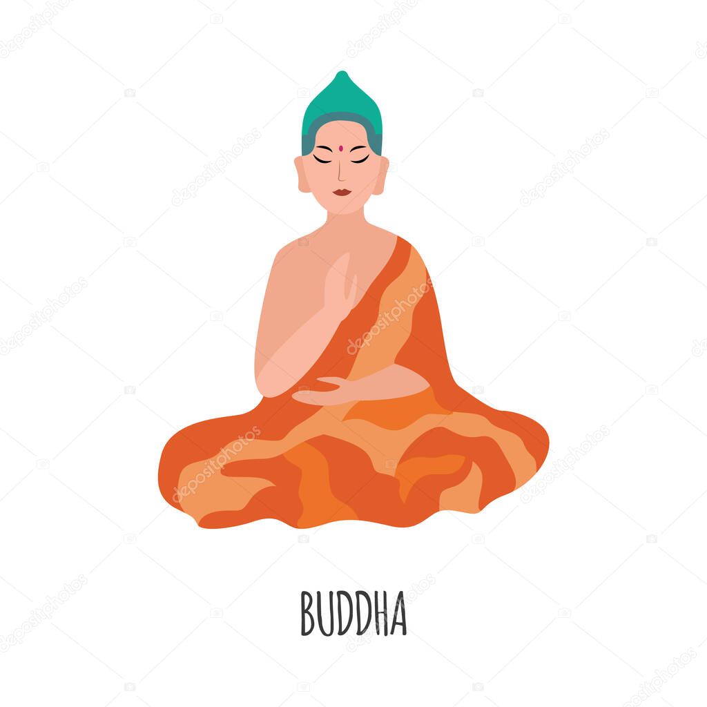 Meditating buddha indian lord character, flat vector illustration isolated.