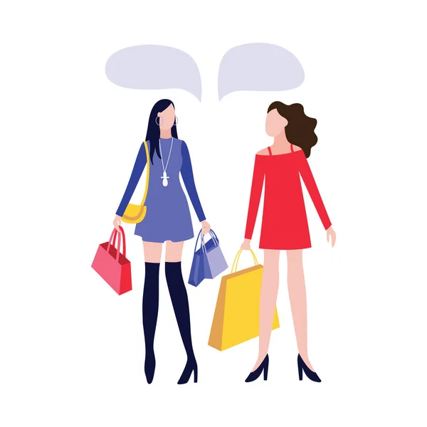 Dos mujeres de dibujos animados con bolsas de compras de tiendas de moda hablando — Vector de stock