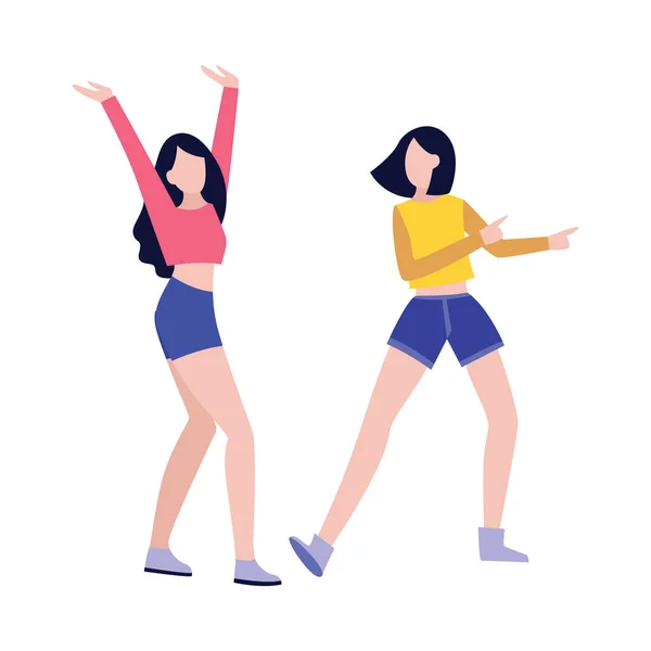 여자 친구들은 춤을 추거나 기분좋게 평평 한 벡터 삽화를 그린다. — 스톡 벡터