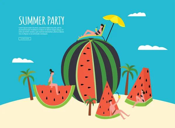 Banner de fiesta de verano con sandía y gente plana vector ilustración . — Vector de stock