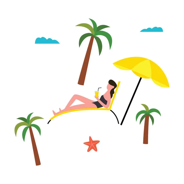Отдых на пляже комплект с женщиной и пальмами плоские векторные иллюстрации изолированы . — стоковый вектор