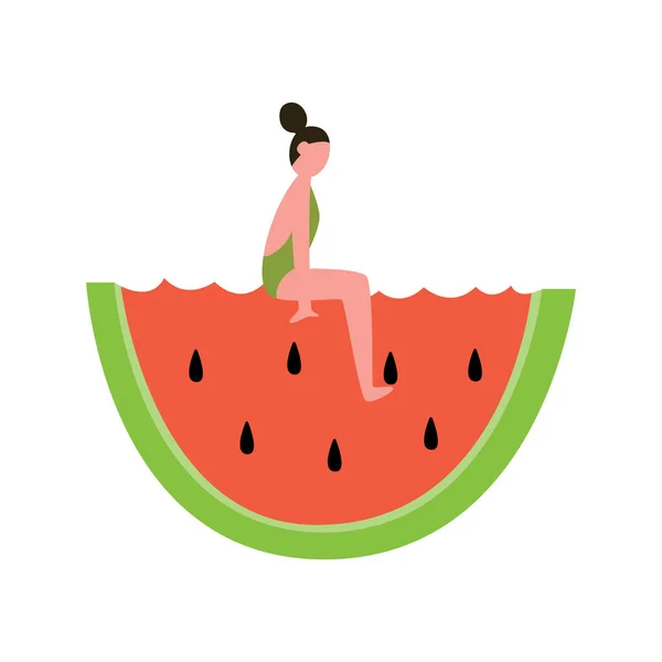 Kobieta w letnim stroju kąpielowym siedzi na wielkim plasterku arbuza — Wektor stockowy