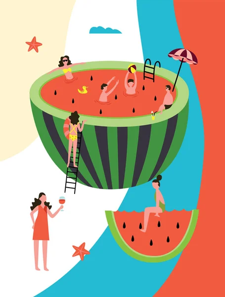 Watermeloen partij poster - cartoon mensen zwemmen in watermeloen zwembad — Stockvector