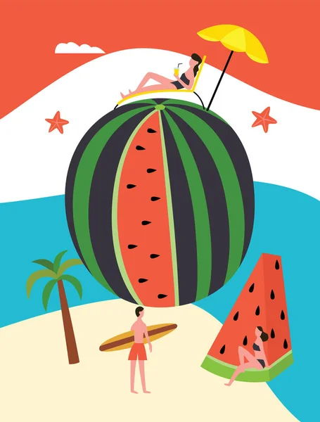 Zomer banner met watermeloen en mensen karakters, vlakke vector illustratie. — Stockvector