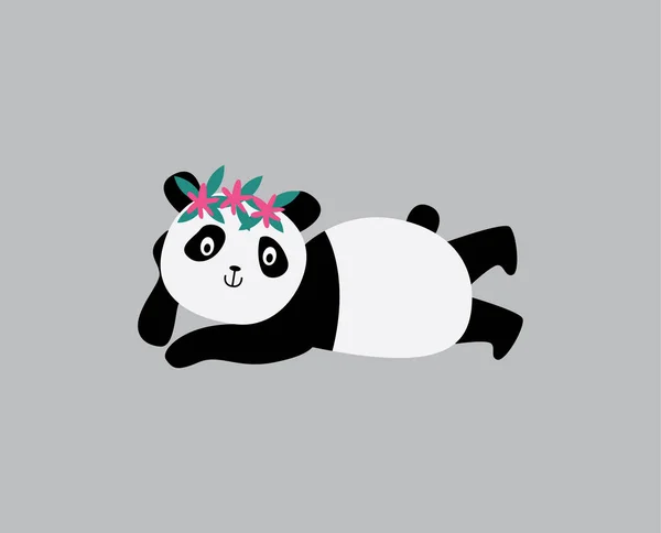 Mignon panda portant une couronne de fleurs - animal de dessin animé en couronne florale — Image vectorielle