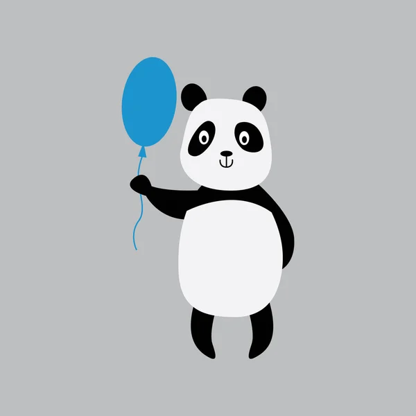 Lindo panda de dibujos animados sosteniendo globo azul aislado sobre fondo gris . — Vector de stock