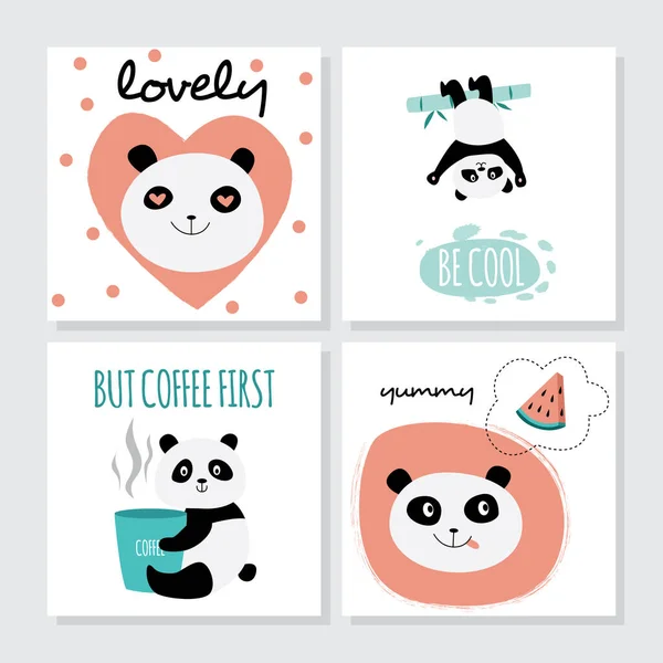 Conjunto de tarjetas de panda lindo - animal de dibujos animados aislados con corazones, café, comida, bambú — Archivo Imágenes Vectoriales