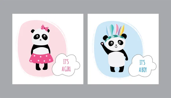 Es ist ein Mädchen oder Junge - rosa und blaue Panda-Karten-Set für Baby-Geschlecht enthüllen — Stockvektor