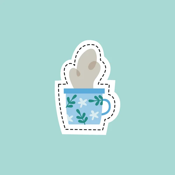 차 컵 스티커 - 꽃무늬가 있는 파란색뜨거운 음료 잔 — 스톡 벡터