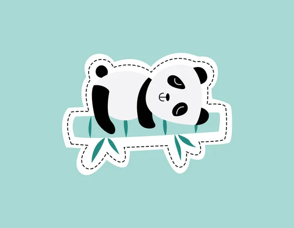 Mignon panda dormant sur bâton de bambou autocollant de dessin animé isolé . — Image vectorielle