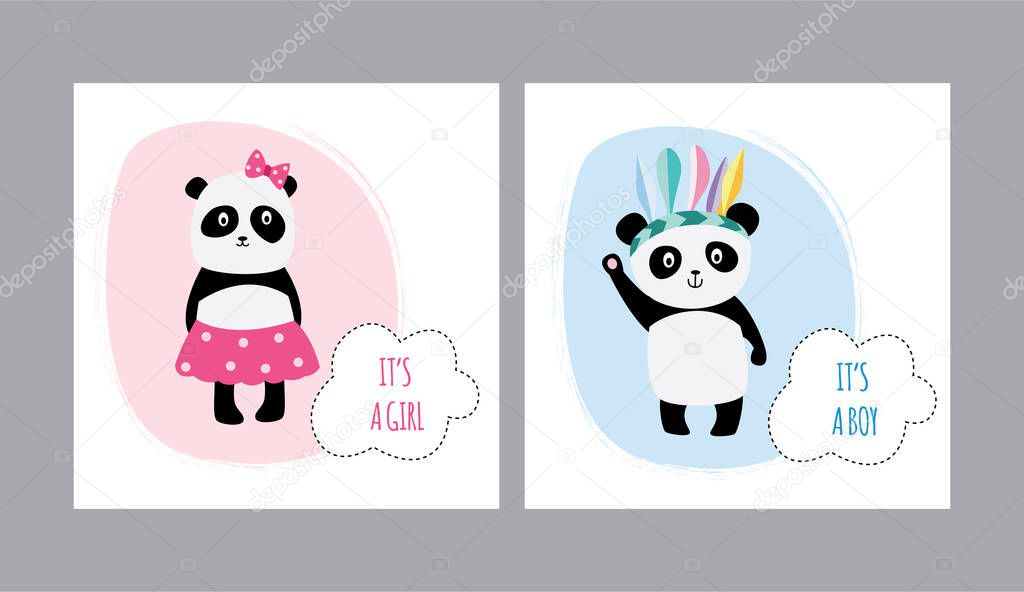 Its a girl or boy - pink and blue panda card set for baby gender reveal