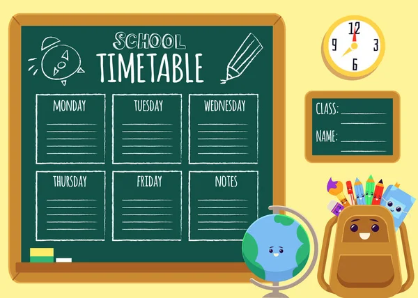 Cartoon schoolschema op schoolbord met tekst template en leuke rugzak — Stockvector