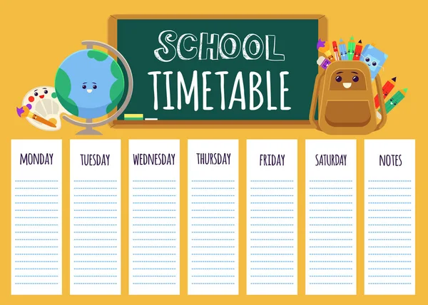 Jadwal sekolah anak-anak yang lucu dengan templat daftar mingguan dan alat tulis kartun - Stok Vektor