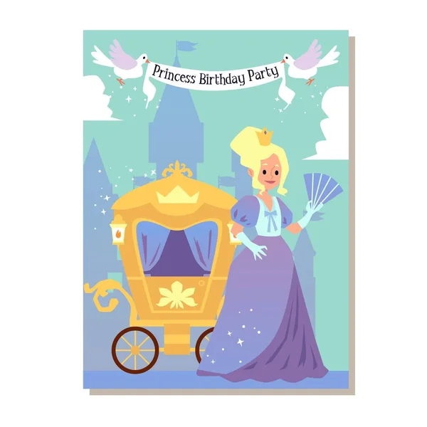 Prenses parti kartı ve karikatür kadın düz vektör çizimi izole edildi.. — Stok Vektör