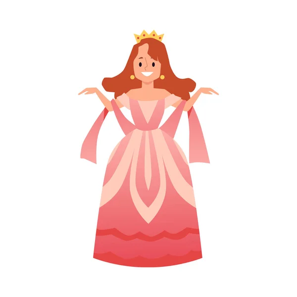 Cartoon koningin in roze jurk en kroon staan in sierlijke dans pose — Stockvector