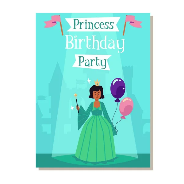 Открытки на день рождения принцессы с мультяшной феей с воздушными шарами — стоковый вектор
