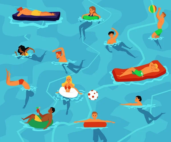 Cartaz de festa de piscina de verão - pessoas de desenhos animados nadando em água azul . — Vetor de Stock