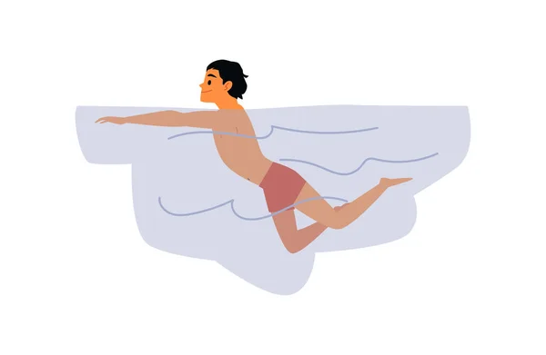 Mann Schwimmer Zeichentrickfigur im Wasser, flache Vektorillustration isoliert. — Stockvektor