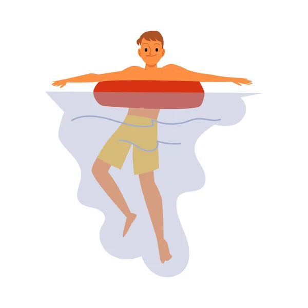 Mann oder Junge schwimmen im Wasser auf Rettungsring, flache Vektorabbildung isoliert. — Stockvektor