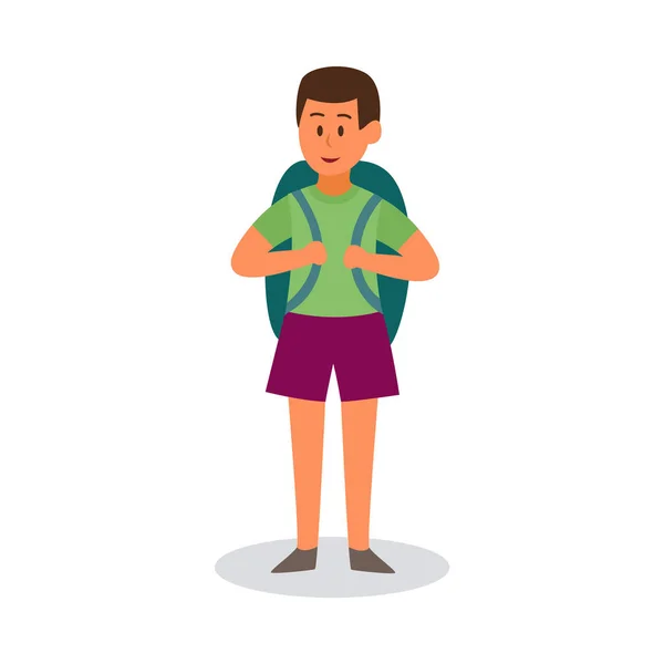Tecknad skolpojke stående med ryggsäck och leende — Stock vektor