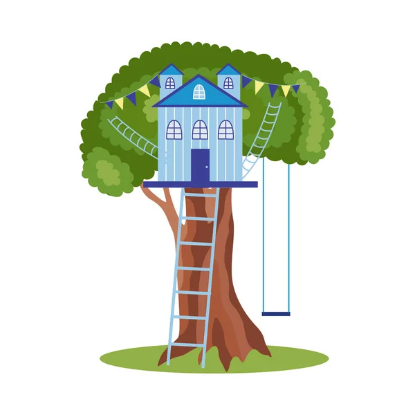 Casa sull'albero blu su grande albero estivo con scala, altalene e decorazioni per feste — Vettoriale Stock
