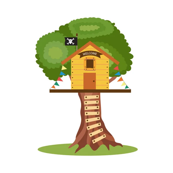 Kinderboomhut met speeltoestellen, platte vectorillustratie geïsoleerd. — Stockvector