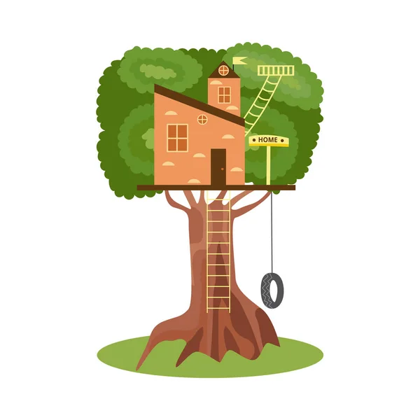 Casa sull'albero in legno con scala, cartello e altalena — Vettoriale Stock