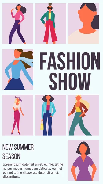 Fashion show poster with cartoon model women posing in glamour clothes — Stock Vector