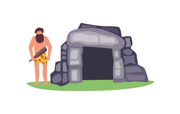 Stone age house with primitive man character, flat vector Illustration isolated. — Stock Vector